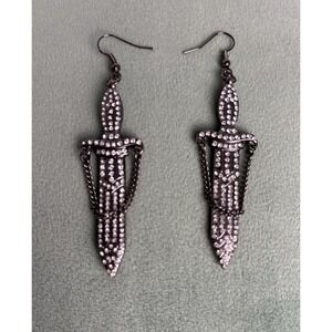 Handmade Silver Tone Rhinestone Chain Dagger Sword Earrings Knife 3" P082